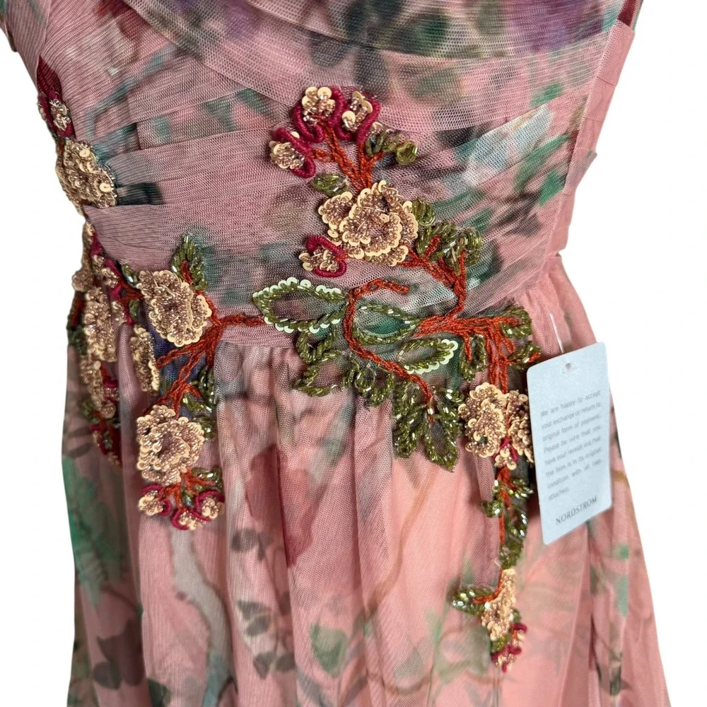 PATBO Pink Floral Print Tulle Evening Gown Beaded Garden Fairy Women's Size 8 - Picture 6 of 13